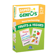 Super Genius: Fruits & Veggies - Rectangular green and orange box for Super Genius Fruits & Veggies educational card game, ages 6+, with colorful fruit and.