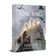 The One Ring RPG: Starter Set- Over Hill and Under Hill - Gray box with fantasy artwork of robed figures approaching ancient glowing stone ruins, titled The One Ring Starter Set Over
