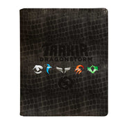 Binder PRO 9-Pocket Premium Zippered - Tarkir Dragonstorm - 5 Clans - Black binder with crocodile texture, "Tarkir Dragonstorm" embossed, featuring five colorful clan symbols across the front.