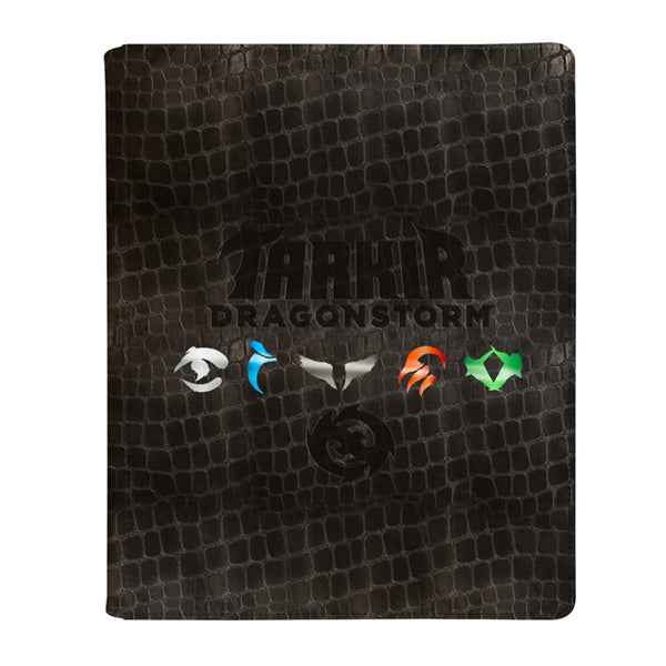 Binder PRO 9-Pocket Premium Zippered - Tarkir Dragonstorm - 5 Clans - Black binder with crocodile texture, "Tarkir Dragonstorm" embossed, featuring five colorful clan symbols across the front.