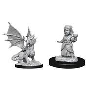 D&D Nolzur's Marvelous Miniatures: Silver Dragon Wyrmling & Female Halfling - Unpainted gray plastic miniatures of a silver dragon wyrmling with spread wings and a female halfling holding a cup, both on