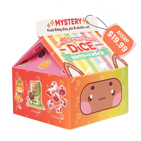 Mystery Milk Dice - Fruit Meadows Edition (PREORDER) - Brightly colored orange and green box with cute, cartoon fruit designs and a peach character face, featuring Mystery Milk.