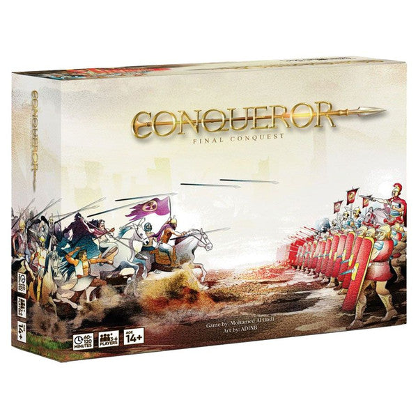 Conqueror: Final Conquest - Final Conquest board game box featuring medieval battle scene with knights on horseback charging red-clad soldiers holding.
