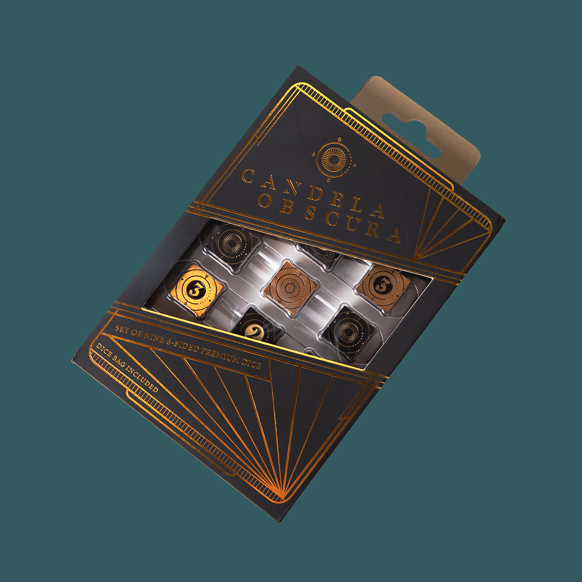 Candela Obscura Official Premium Dice Set - Set of seven metallic polyhedral dice in bronze and copper tones with black engraved numbers in black and gold-accented.
