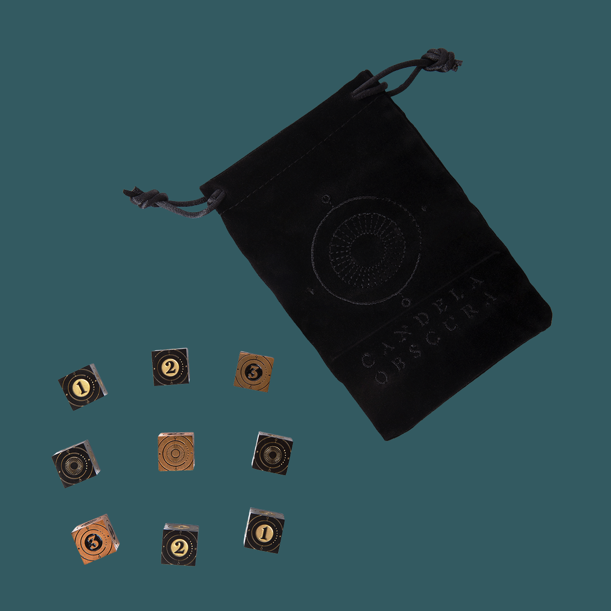 Candela Obscura Official Premium Dice Set - Black and copper metal dice with engraved numbers and symbols, accompanied by a black velvet drawstring pouch embossed with.