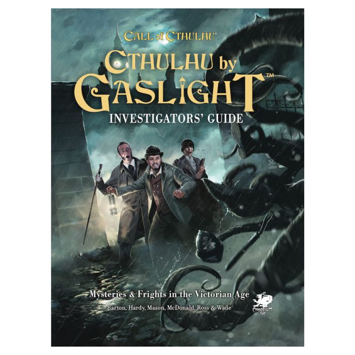 Call of Cthulhu: Cthulhu by Gaslight: Investigator’s Guide - Book cover with dark, moody Victorian background, two men in period clothing facing a shadowy tentacled monster.