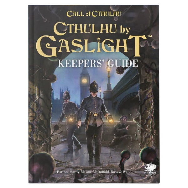 Call of Cthulhu, Cthulhu by Gaslight: Keepers' Guide - Dark fantasy RPG book cover with Victorian cityscape, shadowy figures, and gas lamps.