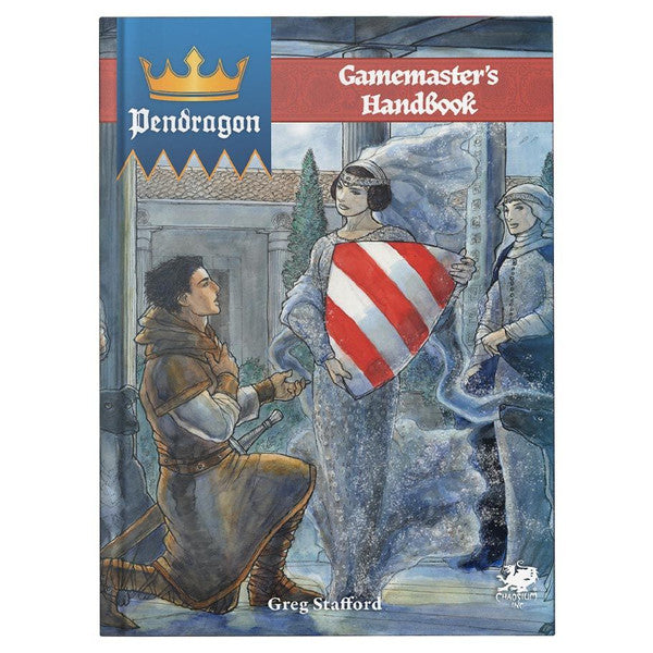 Pendragon: Gamemaster’s Handbook - Pendragon Gamemaster’s Handbook with medieval knight artwork, blue and red banner, and shield with red and white stripes on.