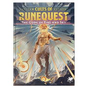 RuneQuest: Cults of RuneQuest: Gods of Fire and Sky - Hardcover RPG book with dramatic fantasy artwork of a fiery, armored humanoid figure surrounded by flames and lightning.