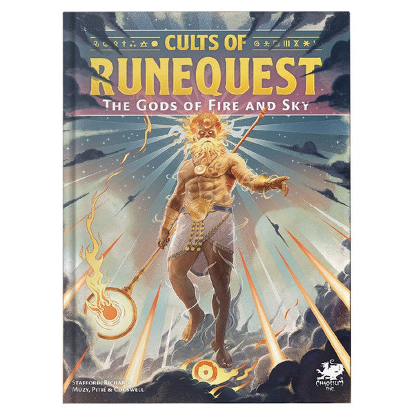 RuneQuest: Cults of RuneQuest: Gods of Fire and Sky - Hardcover RPG book with dramatic fantasy artwork of a fiery, armored humanoid figure surrounded by flames and lightning.