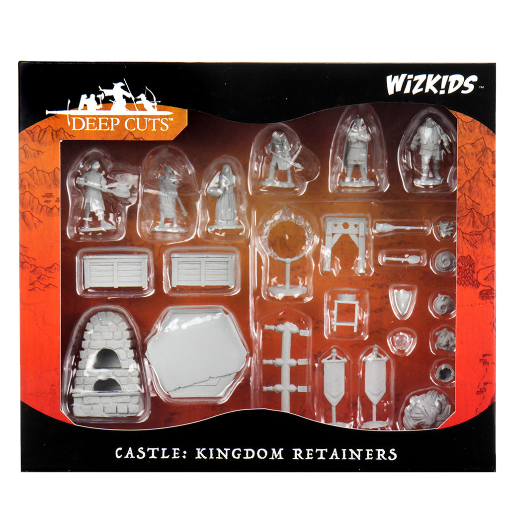 Wizkids Deep Cuts Miniatures: Towns People: Kingdom Retainers - Set of unpainted gray plastic miniatures and accessories including human figures in medieval attire, shields, banners, and.