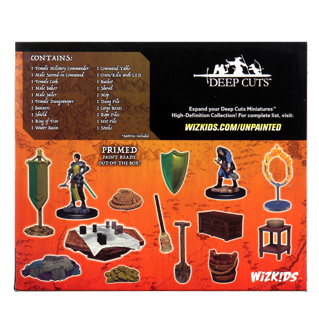 Wizkids Deep Cuts Miniatures: Towns People: Kingdom Retainers - Set of unpainted resin miniatures including kingdom retainers, weapons, shields, furniture, and terrain pieces for tabletop.