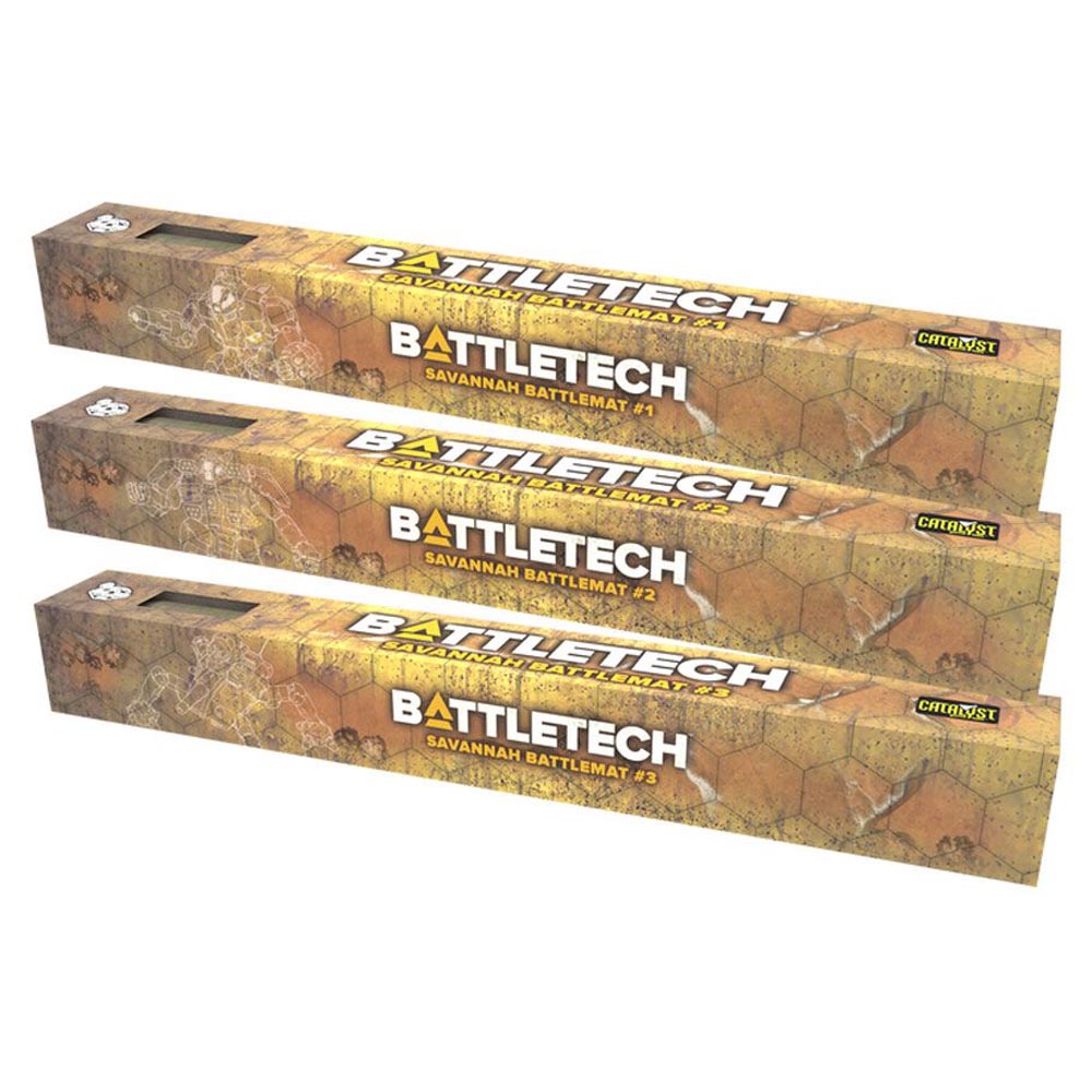 BattleTech Map Pack: Savannah Bundle (PREORDER) - Set of three rectangular BattleTech Map Pack boxes with savannah terrain artwork in earthy brown and green tones, featuring.