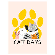 Cat Days - Illustration of four cats and one rabbit in front of a large yellow paw print with "Cat Days" text below on a light pink.