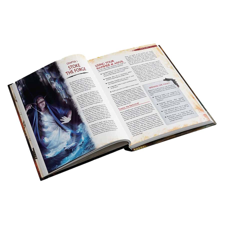 D&D 5E: Hammer & Anvil - Open tabletop RPG book with fantasy artwork of a sorcerer casting a spell on the left page and detailed rule text with red.