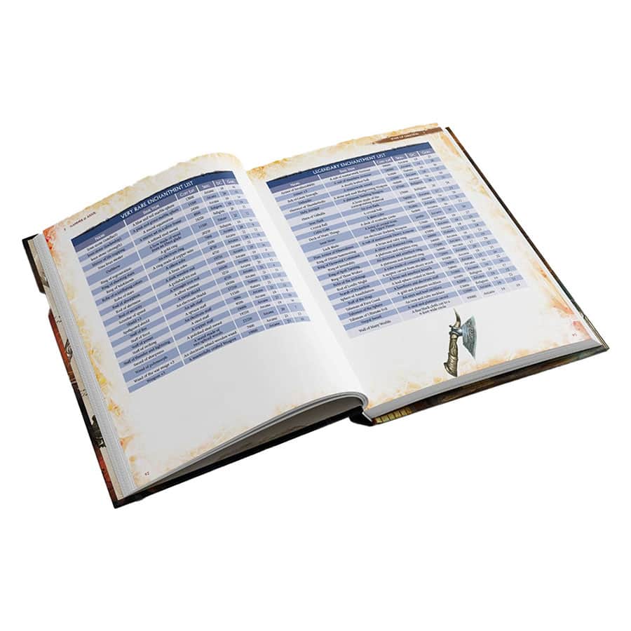 D&D 5E: Hammer & Anvil - Open tabletop RPG book with blue chart tables on both pages and a small character illustration on the bottom right page.