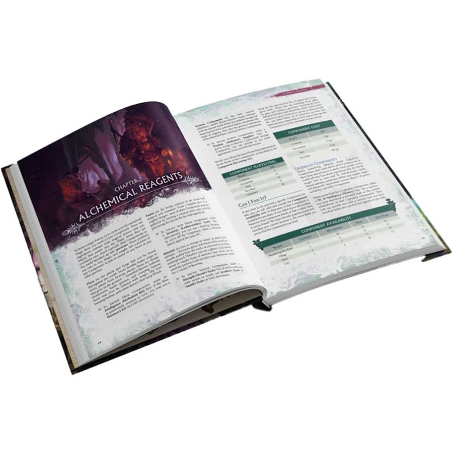 D&D 5E: Mortar and pestle - Open RPG book with fantasy-themed artwork and text detailing alchemical reagents and game mechanics.