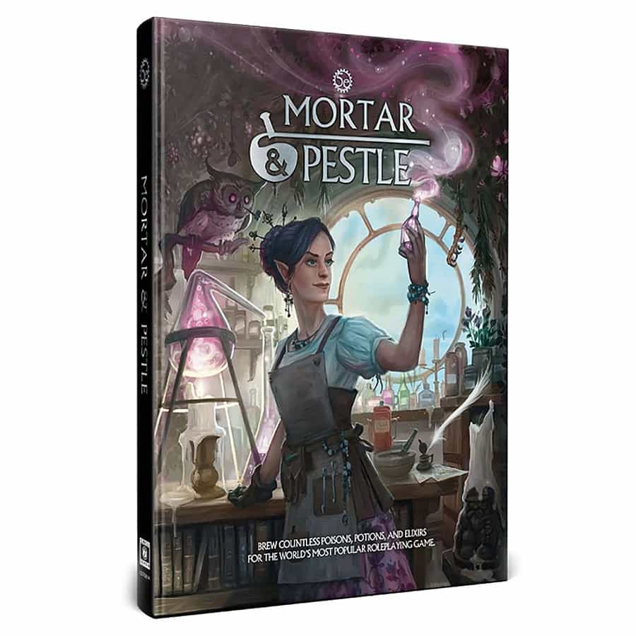D&D 5E: Mortar and pestle - D&D 5E Mortar and Pestle book cover featuring a woman alchemist in a workshop holding a glowing vial against a magical.