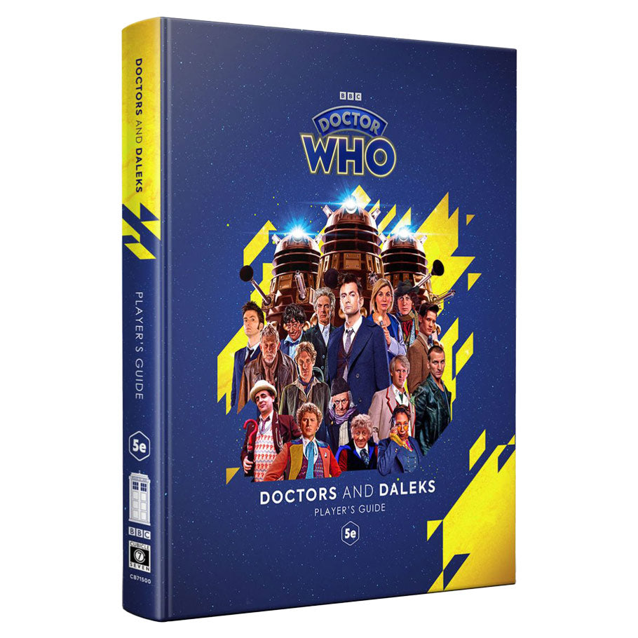 D&D 5E: Doctors and Daleks Player's Guide - Blue hardcover book with Doctor Who characters and Daleks on the cover, titled Doctors and Daleks Player’s Guide.