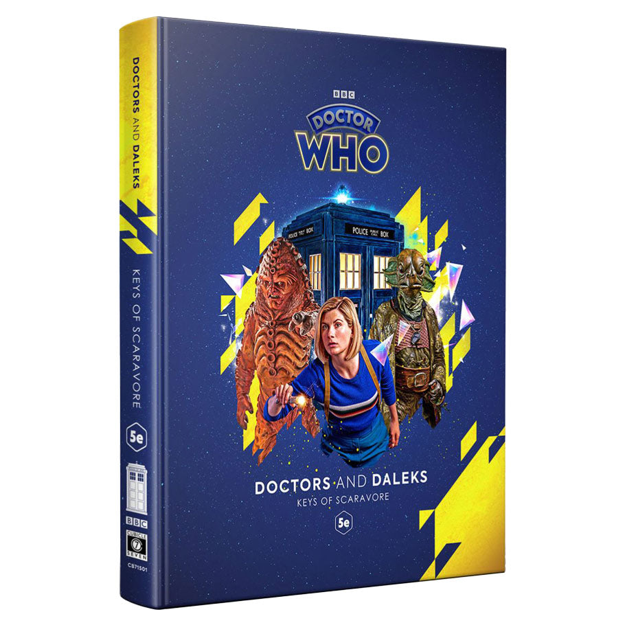 D&D 5E: Doctors and Daleks: The Keys of Scaravore - Dark blue softcover book with Doctor Who logo, TARDIS, and characters from Doctors and Daleks on the cover.