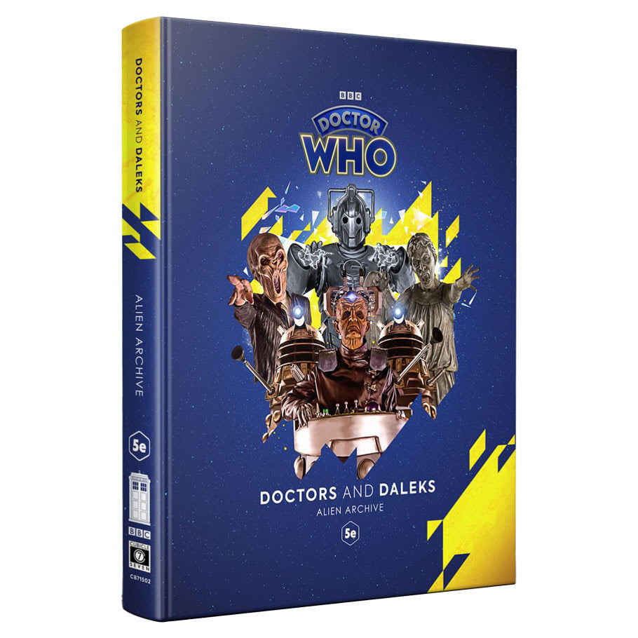 D&D 5E: Doctors and Daleks: Alien Archive - Hardcover book with a dark blue cover featuring Doctor Who characters and yellow geometric accents titled Doctors and Daleks