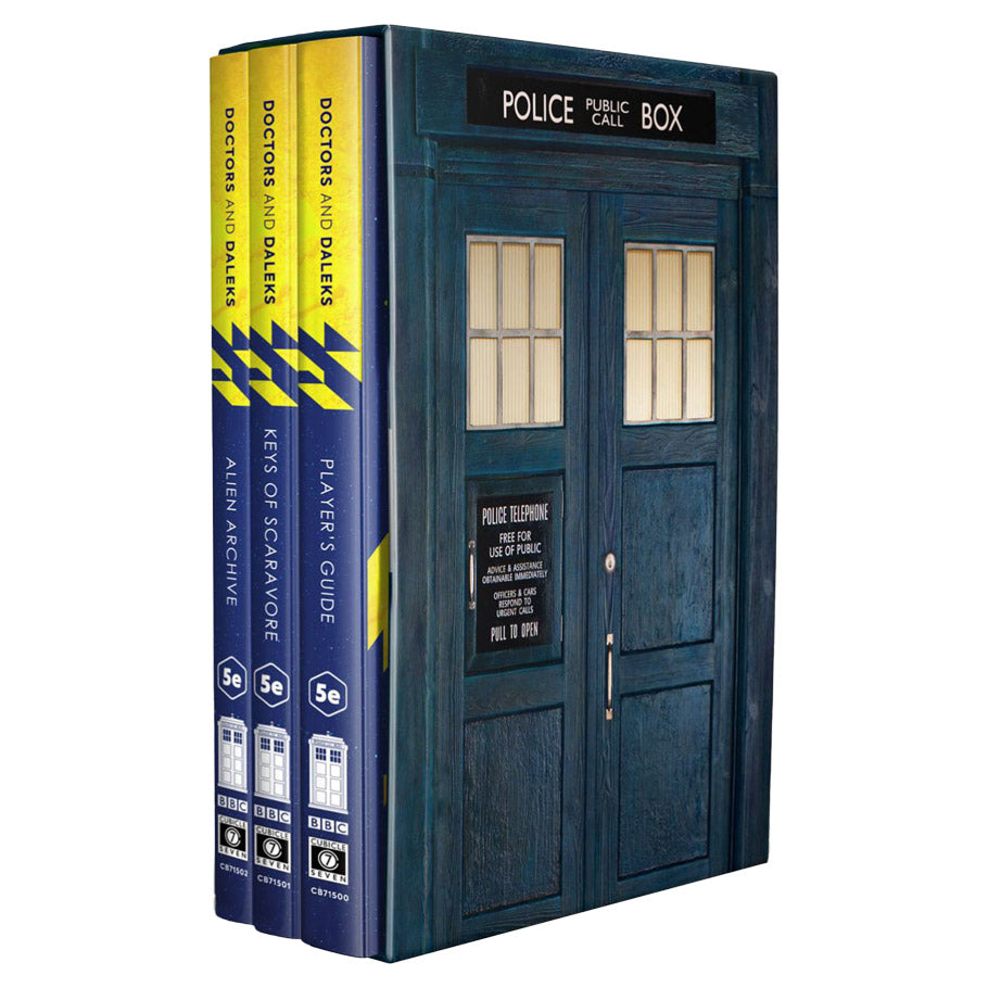 D&D 5E: Doctors and Daleks Collector's Edition - Collector's edition Dungeons & Dragons set designed as a blue Police Public Call Box with detailed paneling and window.