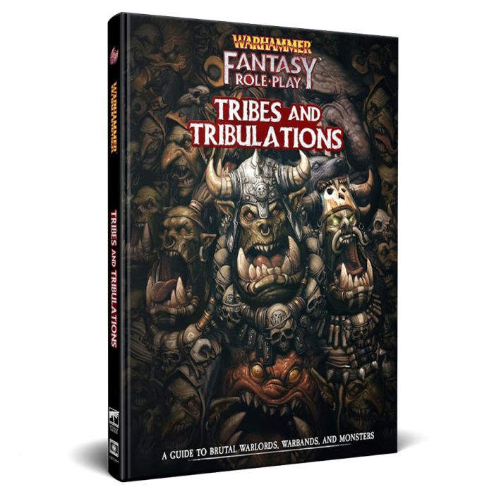 Warhammer Fantasy 4E: Tribes and Tribulations - Dark fantasy book cover featuring a fierce orc with horns, skulls, and rusted armor, titled Tribes and Tribulations.