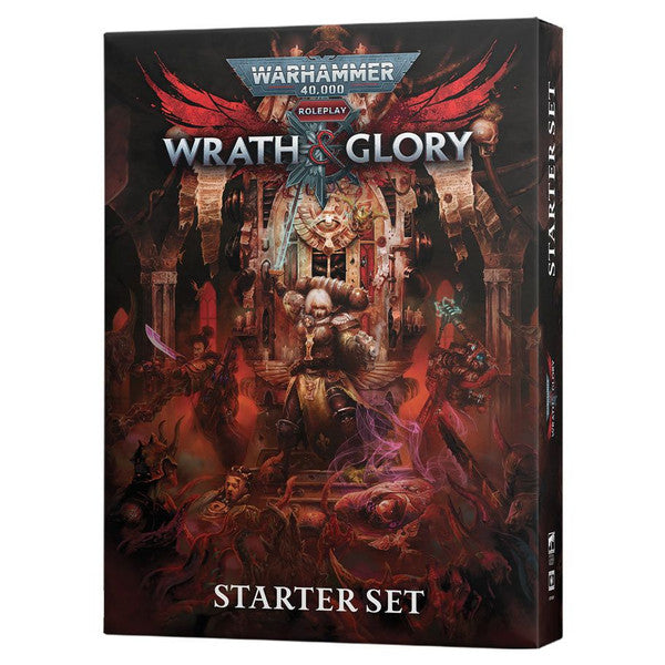 Warhammer 40,000 Roleplay: Wrath & Glory: Starter Set - Dark-themed Warhammer 40,000 Wrath & Glory Starter Set box with fiery red and orange gothic artwork.