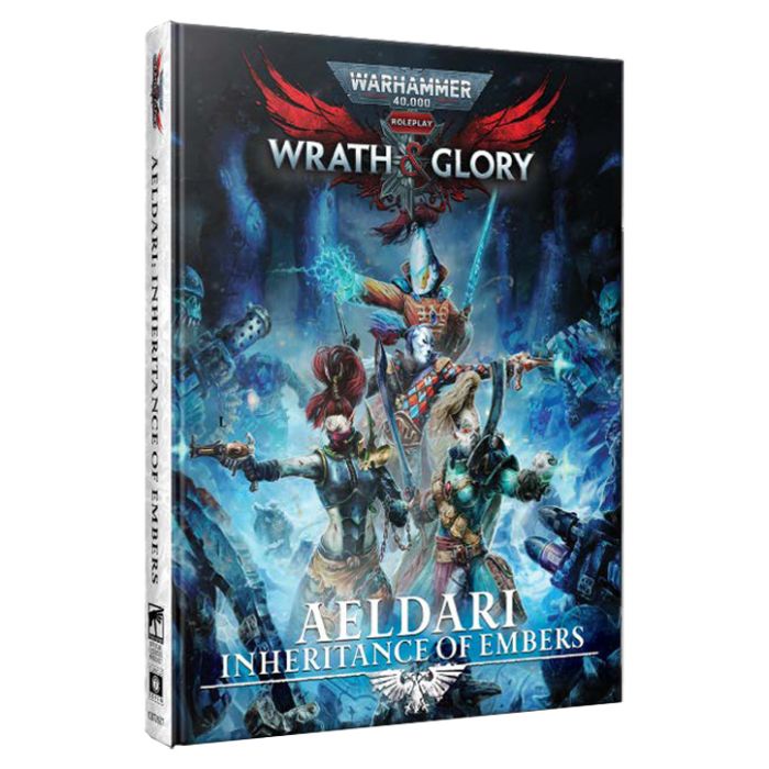 Warhammer 40,000 Roleplay: Wrath & Glory: Aeldari, Inheritance of Embers - Warhammer 40,000 Wrath & Glory roleplay book with blue and red cover art featuring futuristic warriors in dynamic battle.