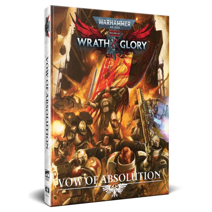 Warhammer 40,000 Roleplay: Wrath & Glory: Vow of Absolution - Hardcover Warhammer 40,000 Wrath & Glory roleplay book with fiery battle scene and armored soldiers on cover.