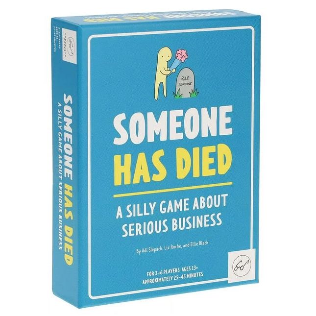 Someone Has Died - Blue rectangular card game box with yellow and white text "Someone Has Died" and cartoon of a person holding a flower by a.