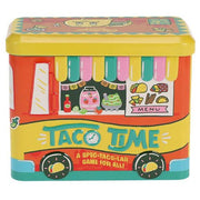 Taco Time - Colorful metal tin shaped like a taco truck with yellow lid, red body, and detailed menu and window illustrations.