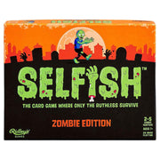 Selfish: Zombie Edition - Rectangular card game box with black and orange design, featuring green zombie graphics and bold green "SELFISH" title with.