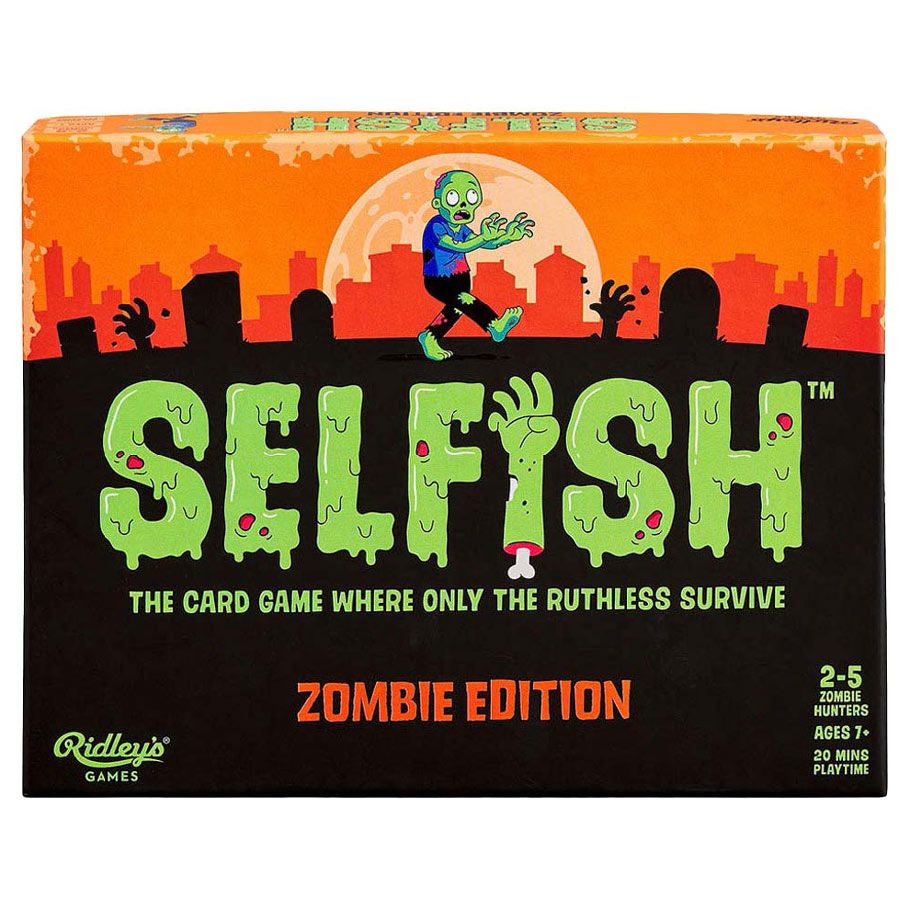 Selfish: Zombie Edition - Rectangular card game box with black and orange design, featuring green zombie graphics and bold green "SELFISH" title with.