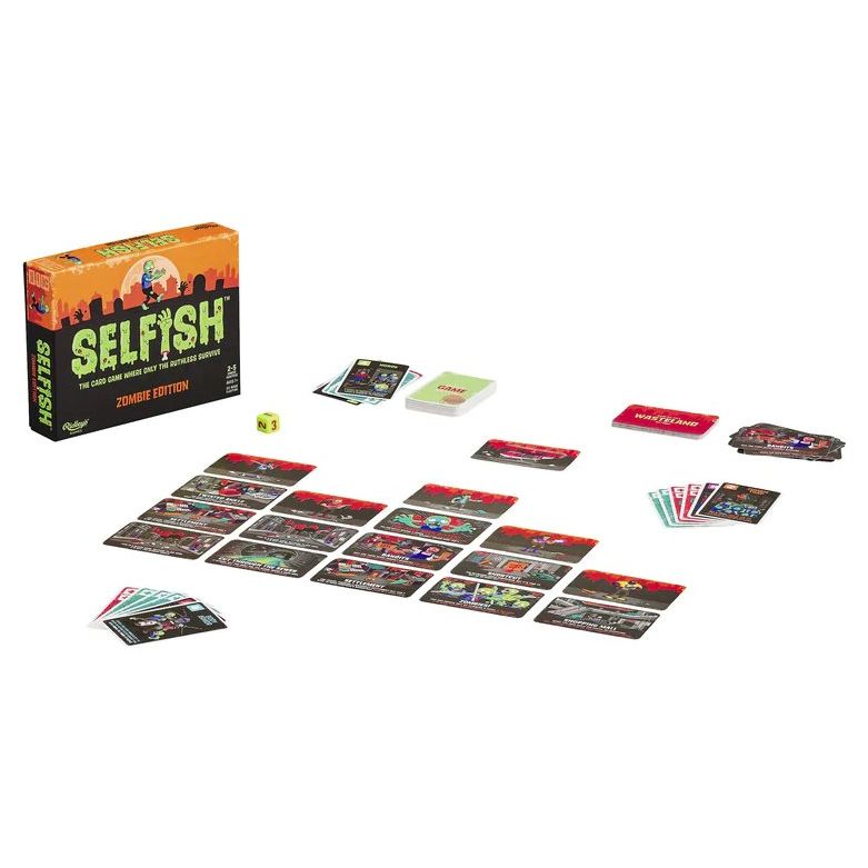 Selfish: Zombie Edition - Board game set with a dark zombie-themed box, colorful illustrated cards, and a yellow six-sided die arranged on a white.