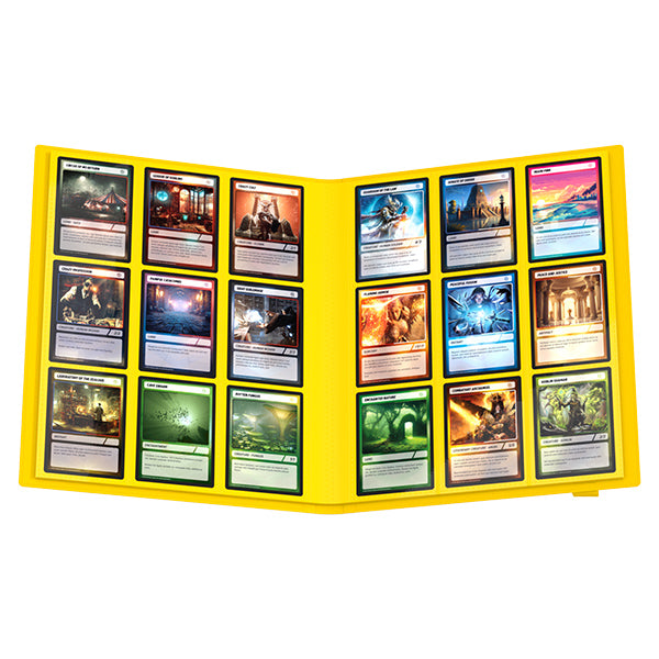 Ultimate Guard 18-Pocket FlexXFolio 360 Portfolio: Teenage Mutant Ninja Turtles - Swamp - Yellow 18-pocket trading card portfolio open displaying two pages of cards with colorful fantasy and sci-fi artwork.