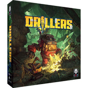 Drillers (PREORDER) - Boxed strategy board game titled "Drillers" featuring a red and yellow robotic drill in a dark, underground mining scene.