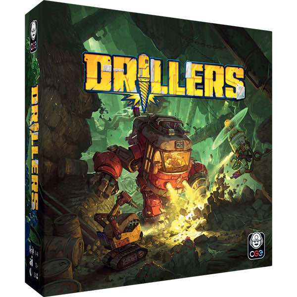 Drillers (PREORDER) - Boxed strategy board game titled "Drillers" featuring a red and yellow robotic drill in a dark, underground mining scene.