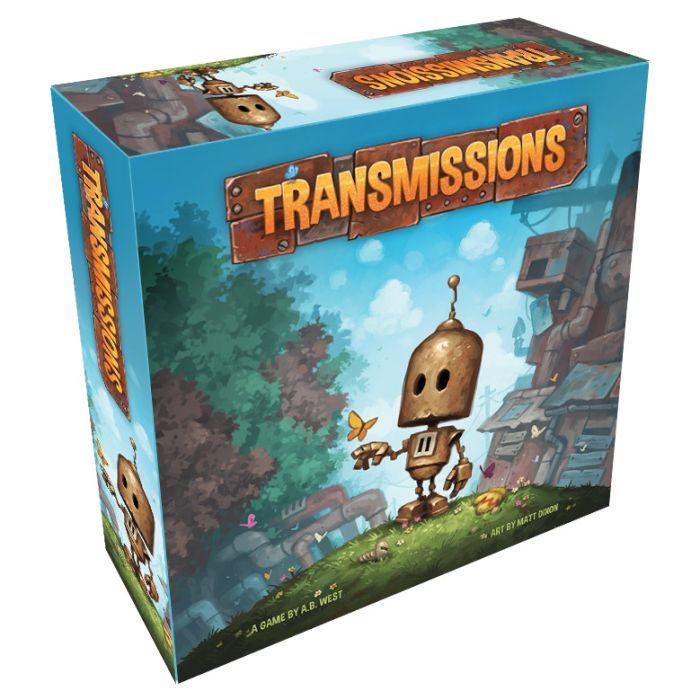 Transmissions - Blue board game box featuring a robot character and a scenic background with trees and machinery.