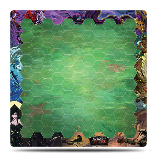 Ascension Tactics: Playmat (PREORDER) - Rectangular gaming playmat with green hexagonal grid center and colorful fantasy character border on black background.