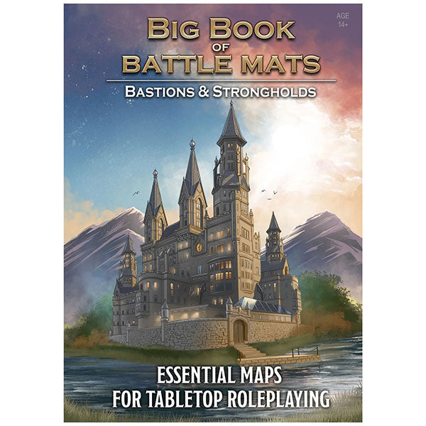 Big Book of Battle Mats - Bastions & Strongholds - Book cover with a detailed fortress illustration featuring tall spires and stone walls against a mountainous sunset.