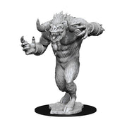 D&D Nolzur's Marvelous Minis: Goristro - Unpainted gray resin miniature of a muscular demonic creature with large horns, sharp teeth, and clawed hands in a dynamic.