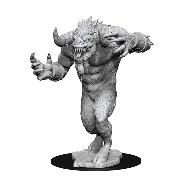 D&D Nolzur's Marvelous Minis: Goristro - Unpainted gray resin miniature of a muscular demonic creature with large horns, sharp teeth, and clawed hands in a dynamic.