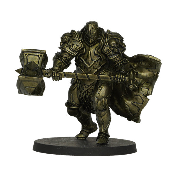 Vallejo True Metallic Metal Shade: Aged Metal (18ml) - Detailed miniature knight figurine painted in aged metallic gold with ornate armor and a large hammer on a round black base.