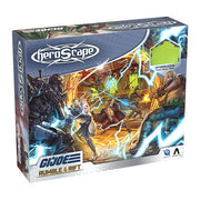 Heroscape: Battle Box- G.I. JOE: Rumble at the Rift - Heroscape battle box with colorful sci-fi warriors in combat amid glowing lightning and rocky terrain on game packaging.
