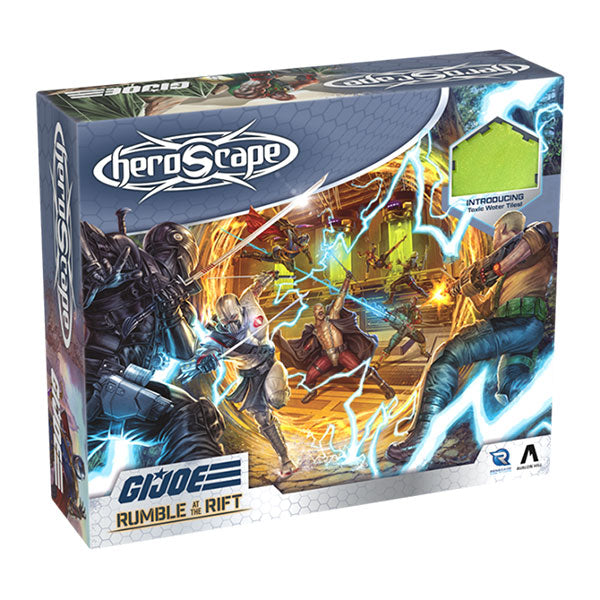 Heroscape: Battle Box- G.I. JOE: Rumble at the Rift - Heroscape battle box with colorful sci-fi warriors in combat amid glowing lightning and rocky terrain on game packaging.