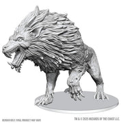 D&D Nolzur's Marvelous Miniatures: Dire Worg (PREORDER) - Unpainted gray plastic miniature of a snarling Dire Worg with detailed fur and sharp claws on round base.