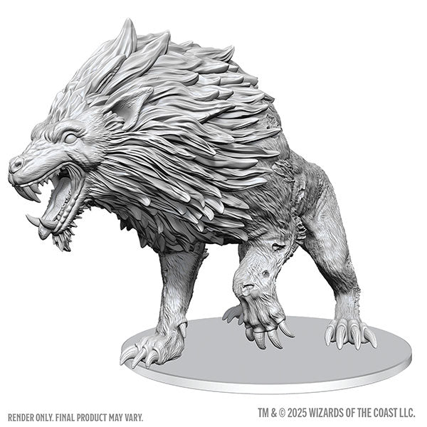 D&D Nolzur's Marvelous Miniatures: Dire Worg (PREORDER) - Unpainted gray plastic miniature of a snarling Dire Worg with detailed fur and sharp claws on round base.