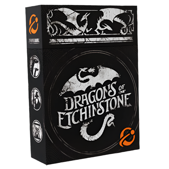 Dragons of Etchinstone (PREORDER) - Black rectangular box with white dragon silhouettes and bold white text "Dragons of Etchinstone," featuring an intricate.