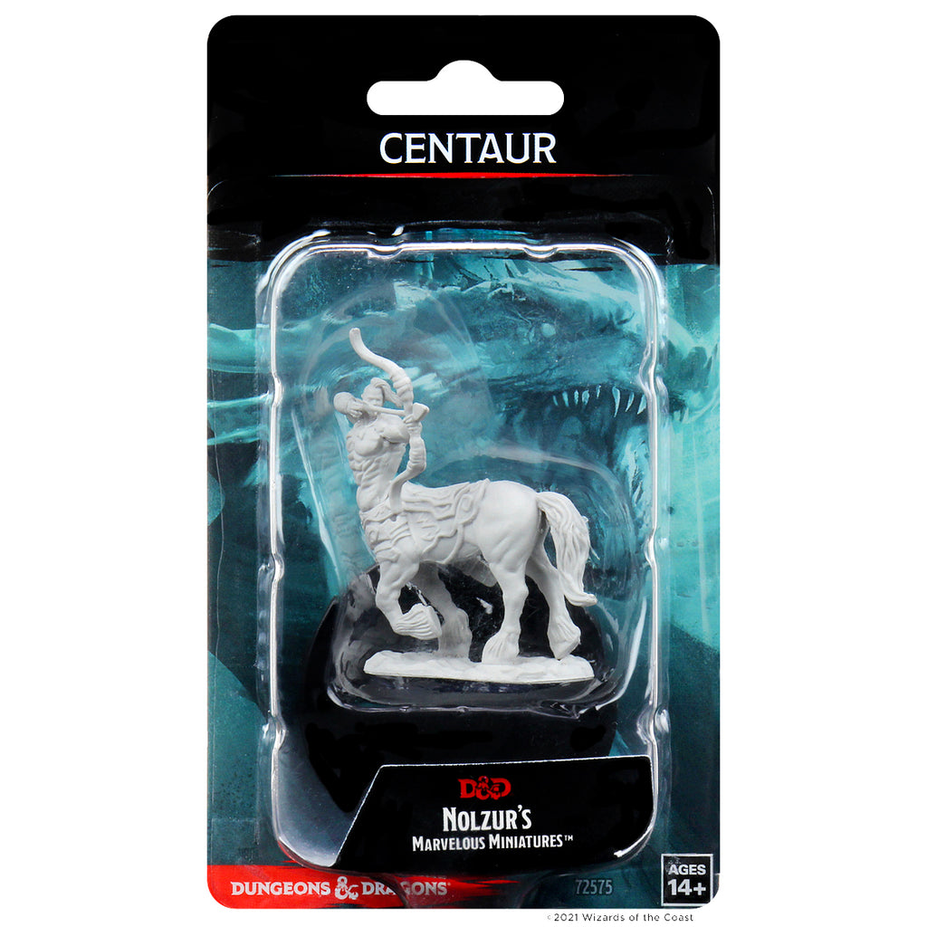 D&D Nolzur's Marvelous Miniatures: Centaur - Unpainted gray plastic centaur miniature with bow and arrow on black and blue D&D branded card backing.